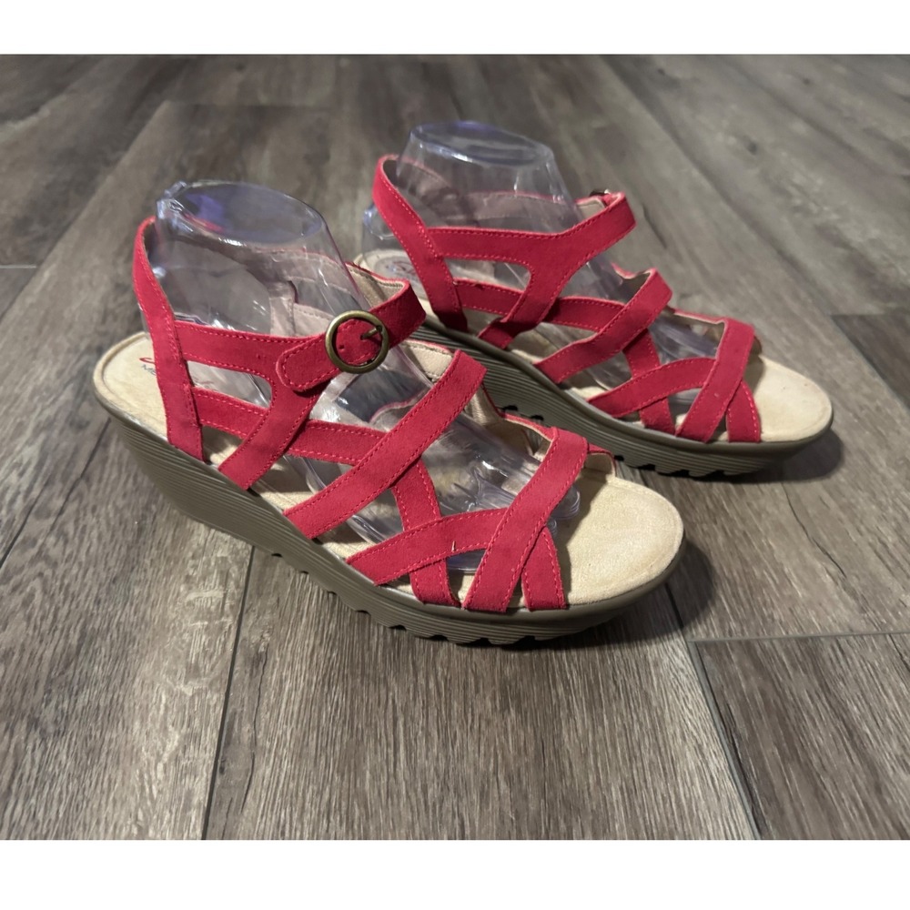 Skechers Red Suede Leather Criss Cross Ankle Strap Wedge Sandals US Size 10